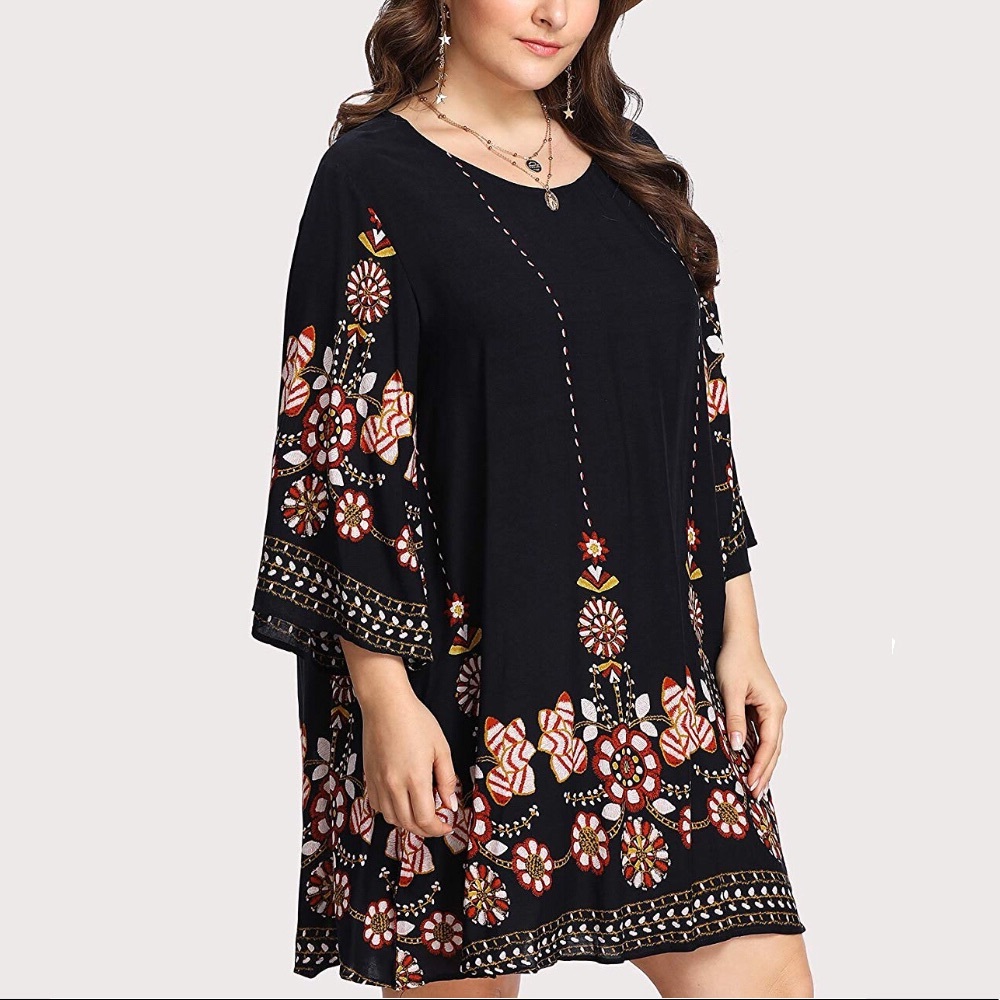 Plus Size Boho print Swing Babydoll Dress, 0-3X - Picture 2 of 7